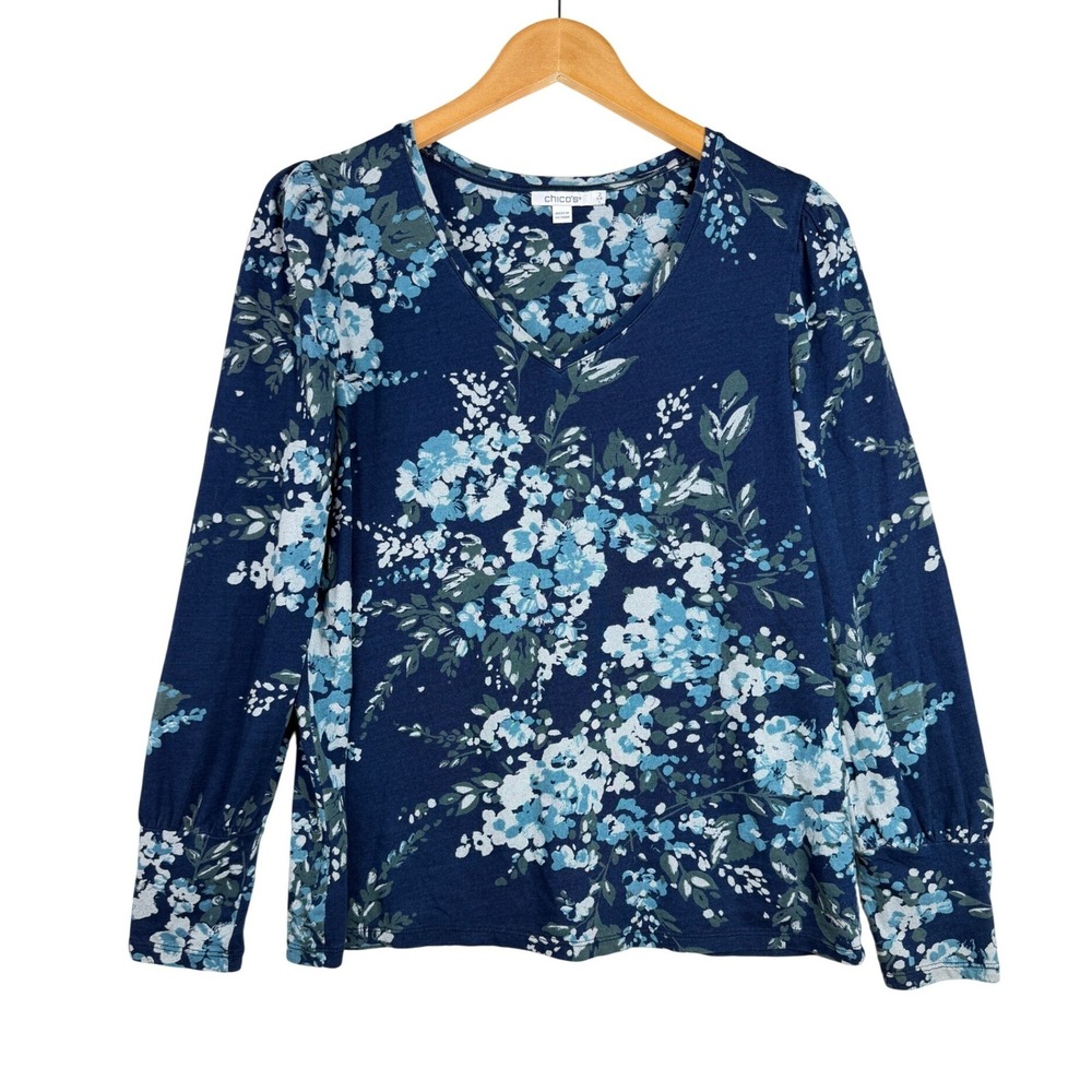 Chicos Blue Floral Cotton V-Neck Long Sleeve Top Puff Shoulder Size 2 | US Large